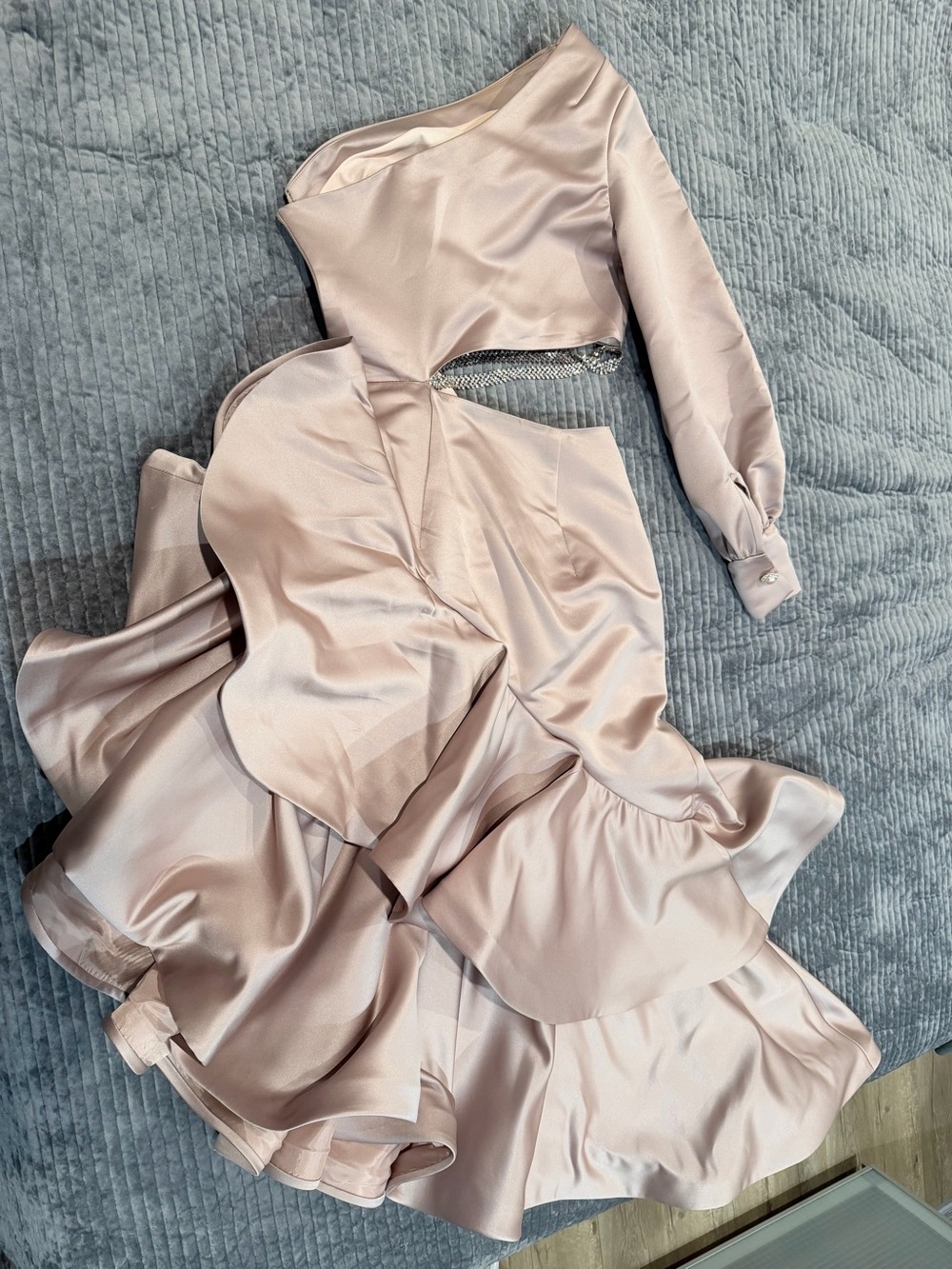 Women's Blush Satin Midi Dress with Ruffle Skirt